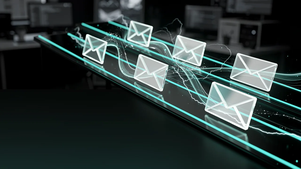 Glowing email messages being sorted into cyan automation lanes